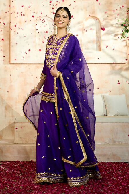 Preeti S Kapoor X AZA Blue Viscose, Organza, Silk Embroidery, Lace, Gota Flower Kurta Sharara Set at Aza Fashions Preeti S Kapoor X AZA_Blue Viscose, Organza, Silk Embroidery, Lace, Gota Flower Kurta Sharara Set _at_Aza_Fashions