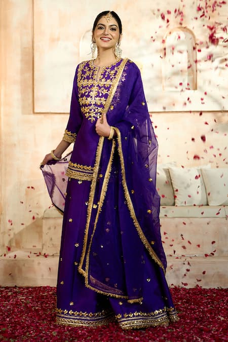 Buy Preeti S Kapoor X AZA Blue Viscose, Organza, Silk Embroidery, Lace, Gota Flower Kurta Sharara Set Buy_Preeti S Kapoor X AZA_Blue Viscose, Organza, Silk Embroidery, Lace, Gota Flower Kurta Sharara Set