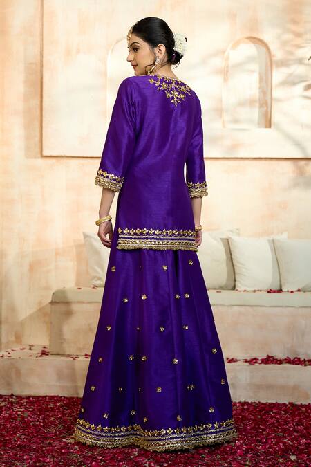 Shop Preeti S Kapoor X AZA Blue Viscose, Organza, Silk Embroidery, Lace, Gota Flower Kurta Sharara Set Shop_Preeti S Kapoor X AZA_Blue Viscose, Organza, Silk Embroidery, Lace, Gota Flower Kurta Sharara Set