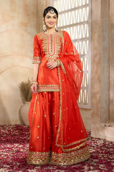 Preeti S Kapoor x AZA Red Kurta And Sharara Dupion Embroidered Flower Notched Set 