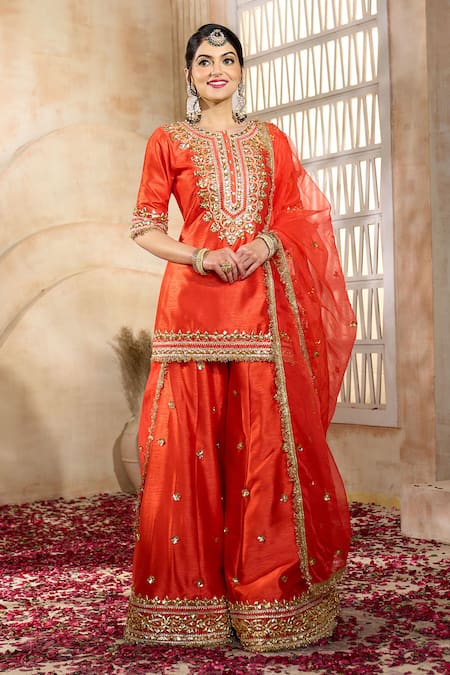 Preeti S Kapoor X AZA_Red Viscose, Organza, Dupion Gota Patti, Embroidery Flower Kurta And Sharara Set _Online_at_Aza_Fashions