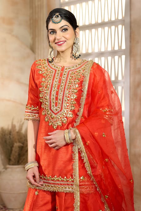 Buy_Preeti S Kapoor X AZA_Red Viscose, Organza, Dupion Gota Patti, Embroidery Flower Kurta And Sharara Set _Online_at_Aza_Fashions