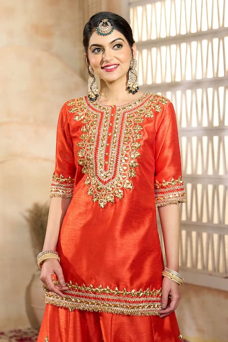 Preeti S Kapoor X AZA_Red Viscose, Organza, Dupion Gota Patti, Embroidery Flower Kurta And Sharara Set _at_Aza_Fashions