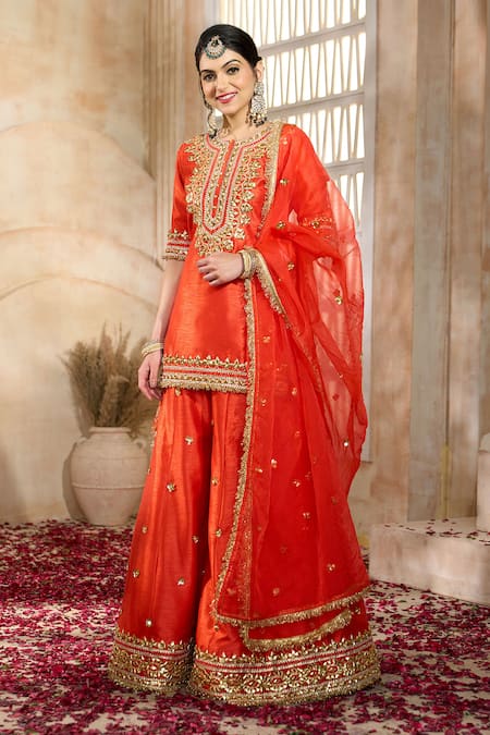 Buy_Preeti S Kapoor X AZA_Red Viscose, Organza, Dupion Gota Patti, Embroidery Flower Kurta And Sharara Set 