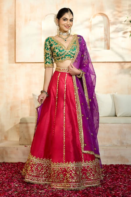 Preeti S Kapoor x AZA Fuchsia Blouse And Lehenga Dupion Embroidered Floral V Neck Gota Vine Set 