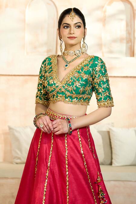 Preeti S Kapoor X AZA Fuchsia Denim, Viscose, Silk Embroidery, Gota Patti Floral Vine Lehenga Set Online at Aza Fashions Preeti S Kapoor X AZA_Fuchsia Denim, Viscose, Silk Embroidery, Gota Patti Floral Vine Lehenga Set _Online_at_Aza_Fashions