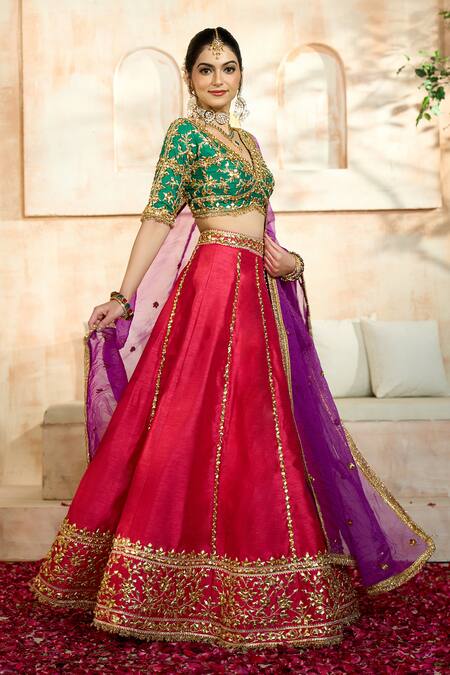 Buy Preeti S Kapoor X AZA Fuchsia Denim, Viscose, Silk Embroidery, Gota Patti Floral Vine Lehenga Set Online at Aza Fashions Buy_Preeti S Kapoor X AZA_Fuchsia Denim, Viscose, Silk Embroidery, Gota Patti Floral Vine Lehenga Set _Online_at_Aza_Fashions