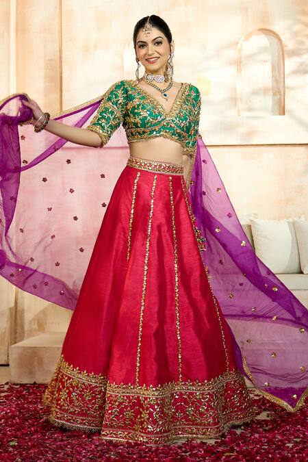 Shop Preeti S Kapoor X AZA Fuchsia Denim, Viscose, Silk Embroidery, Gota Patti Floral Vine Lehenga Set Online at Aza Fashions Shop_Preeti S Kapoor X AZA_Fuchsia Denim, Viscose, Silk Embroidery, Gota Patti Floral Vine Lehenga Set _Online_at_Aza_Fashions