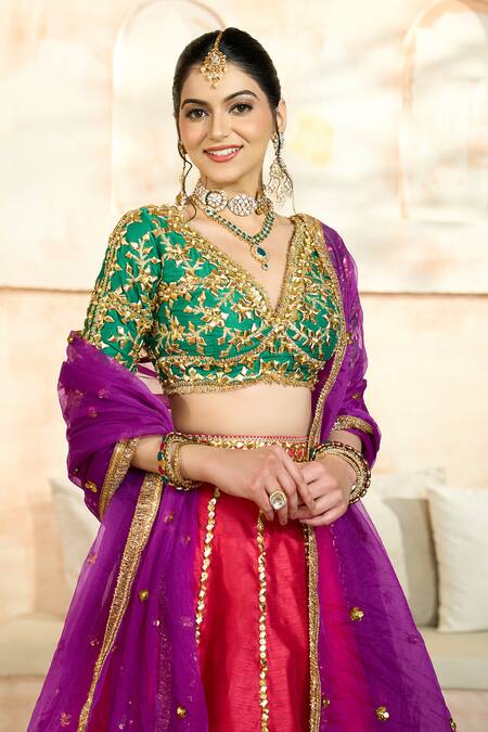 Preeti S Kapoor X AZA Fuchsia Denim, Viscose, Silk Embroidery, Gota Patti Floral Vine Lehenga Set at Aza Fashions Preeti S Kapoor X AZA_Fuchsia Denim, Viscose, Silk Embroidery, Gota Patti Floral Vine Lehenga Set _at_Aza_Fashions