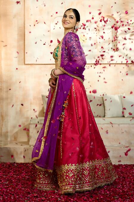 Buy Preeti S Kapoor X AZA Fuchsia Denim, Viscose, Silk Embroidery, Gota Patti Floral Vine Lehenga Set Buy_Preeti S Kapoor X AZA_Fuchsia Denim, Viscose, Silk Embroidery, Gota Patti Floral Vine Lehenga Set