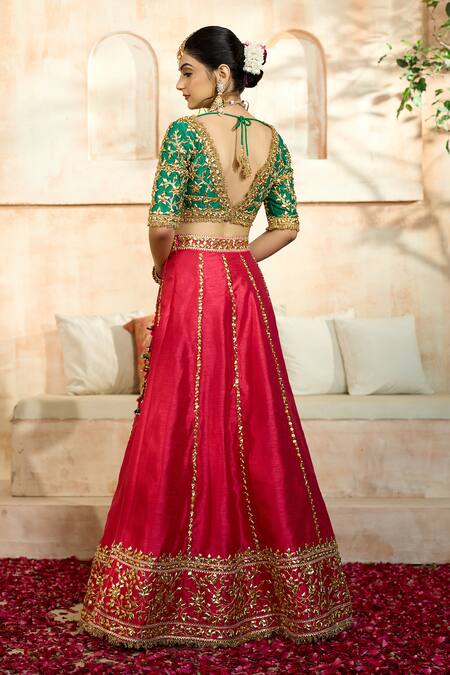 Shop Preeti S Kapoor X AZA Fuchsia Denim, Viscose, Silk Embroidery, Gota Patti Floral Vine Lehenga Set Shop_Preeti S Kapoor X AZA_Fuchsia Denim, Viscose, Silk Embroidery, Gota Patti Floral Vine Lehenga Set