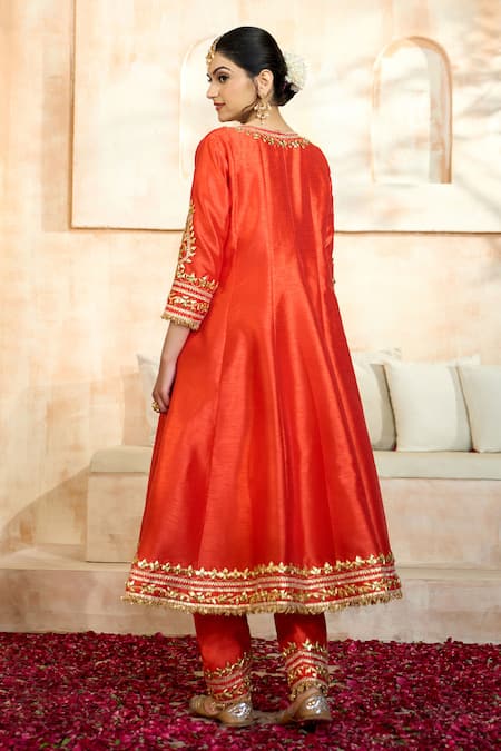 Shop_Preeti S Kapoor X AZA_Red Viscose Embroidery, Gota Patti Keyhole Neck Flower Anarkali Set _at_Aza_Fashions