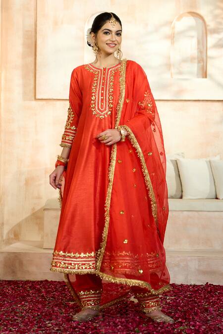 Buy_Preeti S Kapoor X AZA_Red Viscose Embroidery, Gota Patti Keyhole Neck Flower Anarkali Set _Online_at_Aza_Fashions