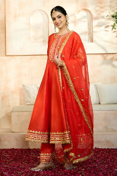 Shop_Preeti S Kapoor X AZA_Red Viscose Embroidery, Gota Patti Keyhole Neck Flower Anarkali Set _Online_at_Aza_Fashions