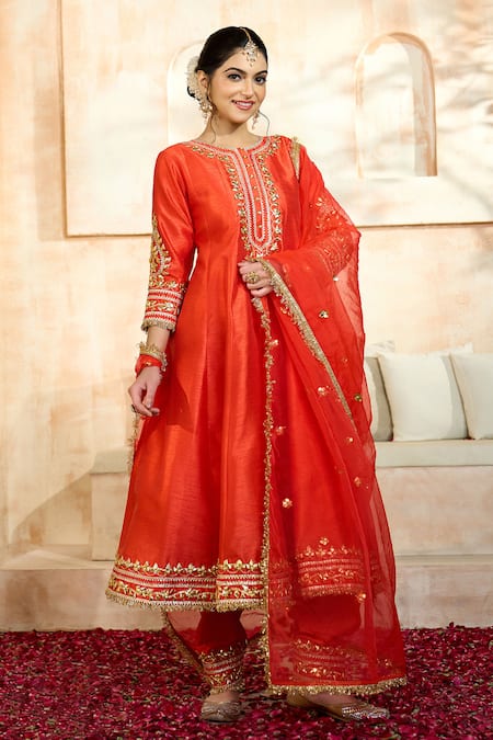 Preeti S Kapoor X AZA_Red Viscose Embroidery, Gota Patti Keyhole Neck Flower Anarkali Set _at_Aza_Fashions