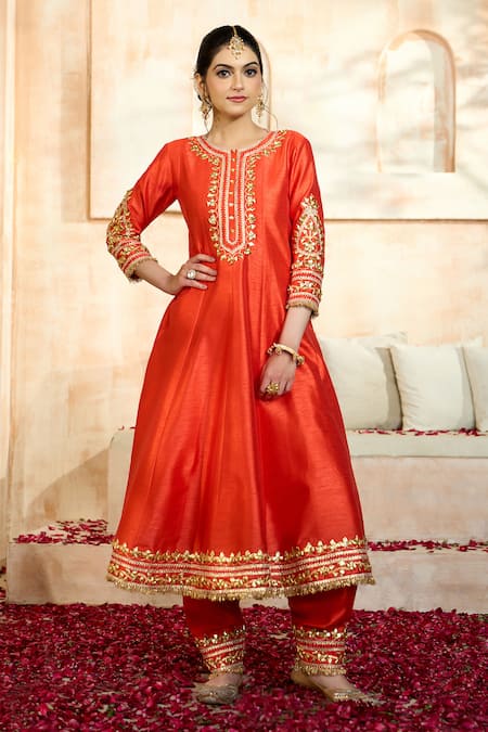 Shop_Preeti S Kapoor X AZA_Red Viscose Embroidery, Gota Patti Keyhole Neck Flower Anarkali Set 