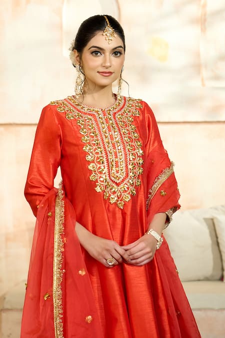 Shop_Preeti S Kapoor X AZA_Red Viscose, Silk Gota Patti, Embroidery Round Neck Floral Anarkali Set _Online_at_Aza_Fashions
