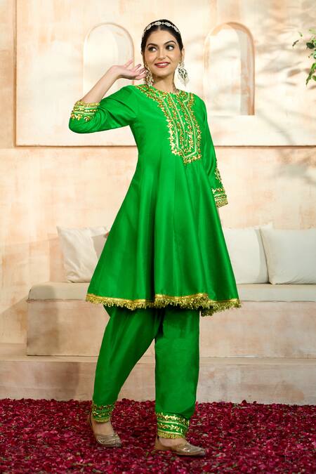 Preeti S Kapoor X AZA Green Viscose, Organza Gota Patti, Embroidery Round Neck Floral Anarkali Set Online at Aza Fashions Preeti S Kapoor X AZA_Green Viscose, Organza Gota Patti, Embroidery Round Neck Floral Anarkali Set _Online_at_Aza_Fashions