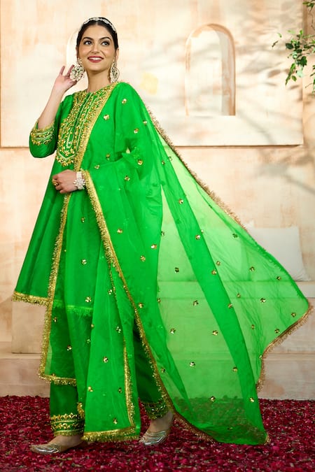 Shop Preeti S Kapoor X AZA Green Viscose, Organza Gota Patti, Embroidery Round Neck Floral Anarkali Set Online at Aza Fashions Shop_Preeti S Kapoor X AZA_Green Viscose, Organza Gota Patti, Embroidery Round Neck Floral Anarkali Set _Online_at_Aza_Fashions