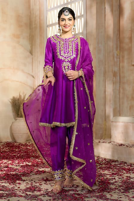 Shop Preeti S Kapoor X AZA Purple Viscose, Organza, Silk Gota Patti, Embroidery Round Short Anarkali Set Online at Aza Fashions Shop_Preeti S Kapoor X AZA_Purple Viscose, Organza, Silk Gota Patti, Embroidery Round Short Anarkali Set _Online_at_Aza_Fashions
