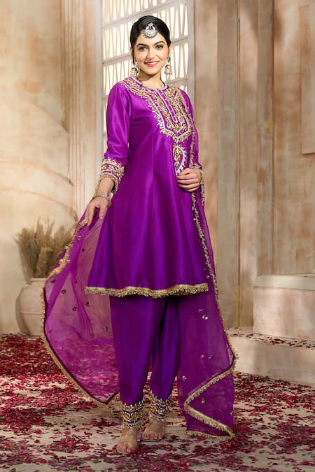 Preeti S Kapoor X AZA Purple Viscose, Organza, Silk Gota Patti, Embroidery Round Short Anarkali Set at Aza Fashions Preeti S Kapoor X AZA_Purple Viscose, Organza, Silk Gota Patti, Embroidery Round Short Anarkali Set _at_Aza_Fashions