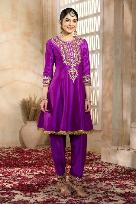 Shop Preeti S Kapoor X AZA Purple Viscose, Organza, Silk Gota Patti, Embroidery Round Short Anarkali Set Shop_Preeti S Kapoor X AZA_Purple Viscose, Organza, Silk Gota Patti, Embroidery Round Short Anarkali Set