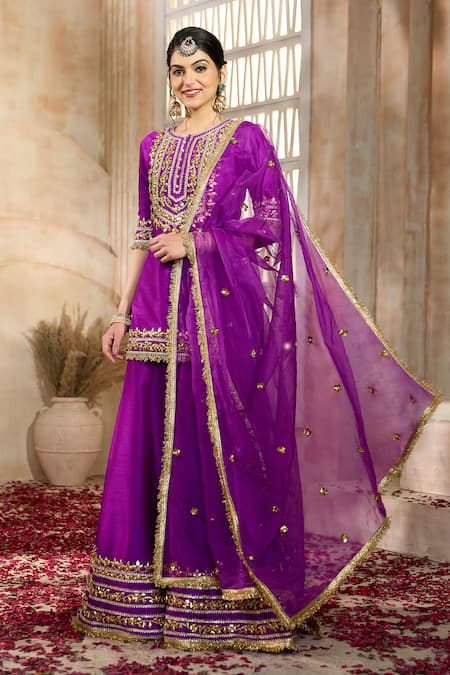 Preeti S Kapoor X AZA Purple Silk, Viscose Embroidery, Lace, Gota Patti Floral Kurta Sharara Set Online at Aza Fashions Preeti S Kapoor X AZA_Purple Silk, Viscose Embroidery, Lace, Gota Patti Floral Kurta Sharara Set _Online_at_Aza_Fashions