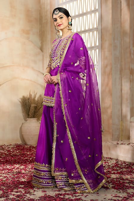 Buy Preeti S Kapoor X AZA Purple Silk, Viscose Embroidery, Lace, Gota Patti Floral Kurta Sharara Set Online at Aza Fashions Buy_Preeti S Kapoor X AZA_Purple Silk, Viscose Embroidery, Lace, Gota Patti Floral Kurta Sharara Set _Online_at_Aza_Fashions