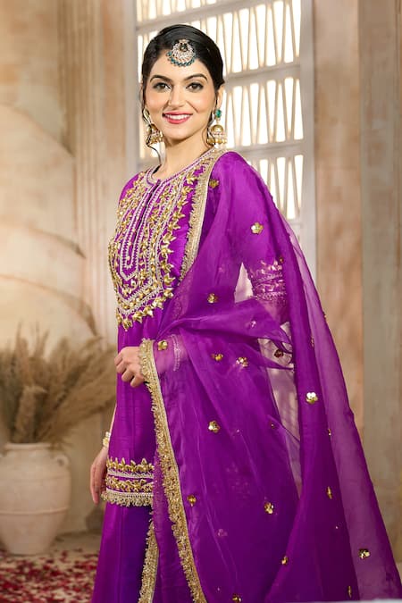 Shop Preeti S Kapoor X AZA Purple Silk, Viscose Embroidery, Lace, Gota Patti Floral Kurta Sharara Set Online at Aza Fashions Shop_Preeti S Kapoor X AZA_Purple Silk, Viscose Embroidery, Lace, Gota Patti Floral Kurta Sharara Set _Online_at_Aza_Fashions