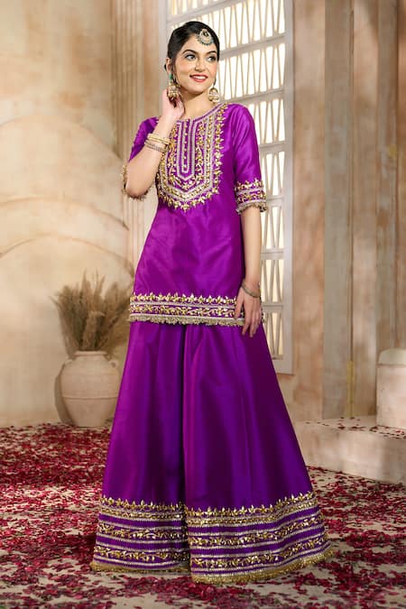 Preeti S Kapoor X AZA Purple Silk, Viscose Embroidery, Lace, Gota Patti Floral Kurta Sharara Set at Aza Fashions Preeti S Kapoor X AZA_Purple Silk, Viscose Embroidery, Lace, Gota Patti Floral Kurta Sharara Set _at_Aza_Fashions