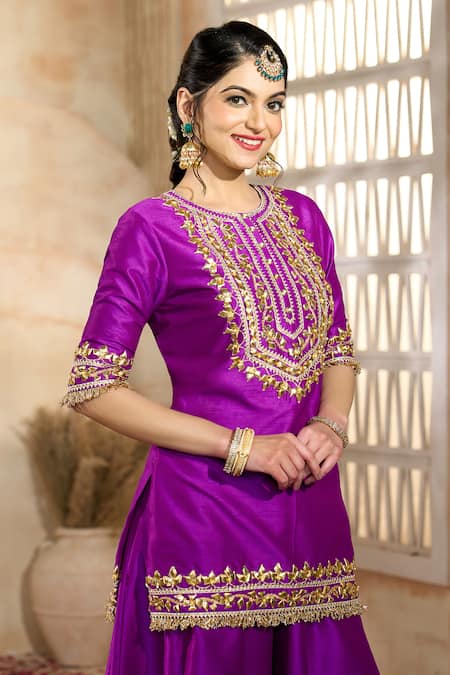 Buy Preeti S Kapoor X AZA Purple Silk, Viscose Embroidery, Lace, Gota Patti Floral Kurta Sharara Set Buy_Preeti S Kapoor X AZA_Purple Silk, Viscose Embroidery, Lace, Gota Patti Floral Kurta Sharara Set