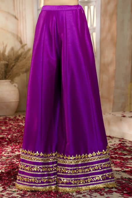 Shop Preeti S Kapoor X AZA Purple Silk, Viscose Embroidery, Lace, Gota Patti Floral Kurta Sharara Set Shop_Preeti S Kapoor X AZA_Purple Silk, Viscose Embroidery, Lace, Gota Patti Floral Kurta Sharara Set