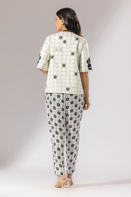 Shop Thee Modern Roots Ivory Silk Satin Embroidery Open Checkered Fleur Print Kimono Jacket With Pant at Aza Fashions Shop_Thee Modern Roots_Ivory Silk Satin Embroidery Open Checkered Fleur Print Kimono Jacket With Pant _at_Aza_Fashions