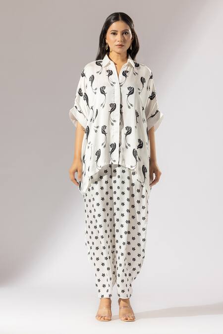 Thee Modern Roots Ivory Silk Satin Collared Bird Paradise Print Boxy Shirt With Salwar Pant Online at Aza Fashions Thee Modern Roots_Ivory Silk Satin Collared Bird Paradise Print Boxy Shirt With Salwar Pant _Online_at_Aza_Fashions