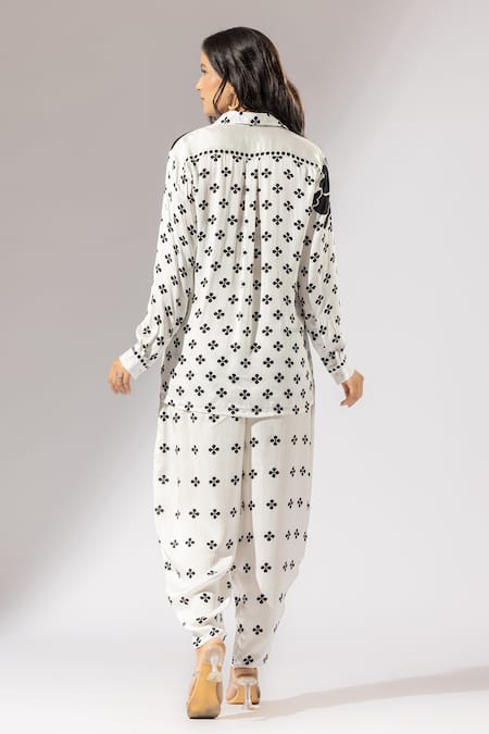 Shop Thee Modern Roots Ivory Silk Satin Collared Clover Blossom Print Shirt And Salwar Pant at Aza Fashions Shop_Thee Modern Roots_Ivory Silk Satin Collared Clover Blossom Print Shirt And Salwar Pant _at_Aza_Fashions