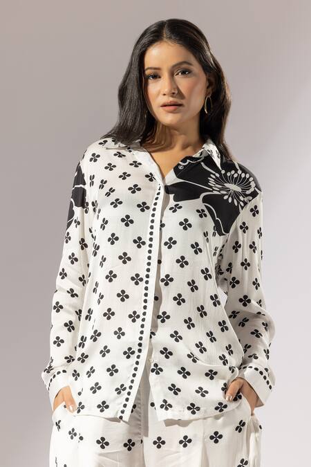 Buy Thee Modern Roots Ivory Silk Satin Collared Clover Blossom Print Shirt And Salwar Pant Online at Aza Fashions Buy_Thee Modern Roots_Ivory Silk Satin Collared Clover Blossom Print Shirt And Salwar Pant _Online_at_Aza_Fashions