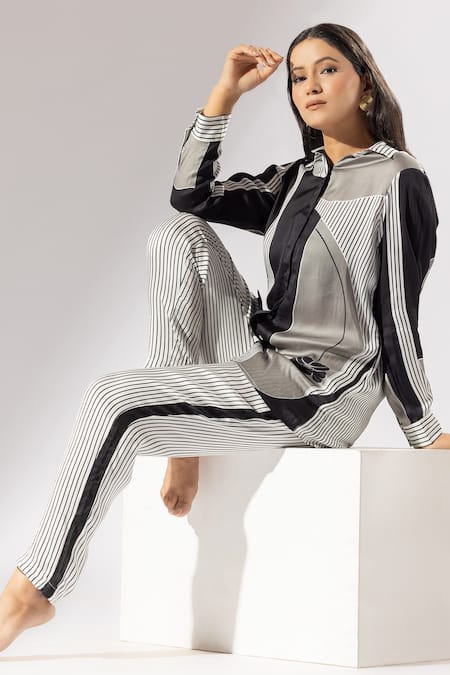 Buy Thee Modern Roots Black Silk Satin Collared Striped Florin Print Shirt With Pant Buy_Thee Modern Roots_Black Silk Satin Collared Striped Florin Print Shirt With Pant