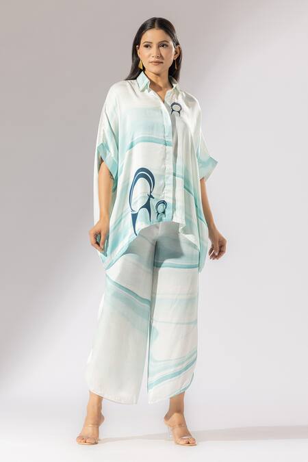 Buy Thee Modern Roots Blue Silk Satin Collared Elements Of Nature Print Boxy Shirt And Pant Set Online at Aza Fashions Buy_Thee Modern Roots_Blue Silk Satin Collared Elements Of Nature Print Boxy Shirt And Pant Set _Online_at_Aza_Fashions