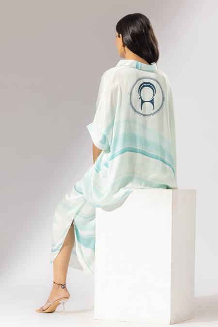 Shop Thee Modern Roots Blue Silk Satin Collared Elements Of Nature Print Boxy Shirt And Pant Set Online at Aza Fashions Shop_Thee Modern Roots_Blue Silk Satin Collared Elements Of Nature Print Boxy Shirt And Pant Set _Online_at_Aza_Fashions