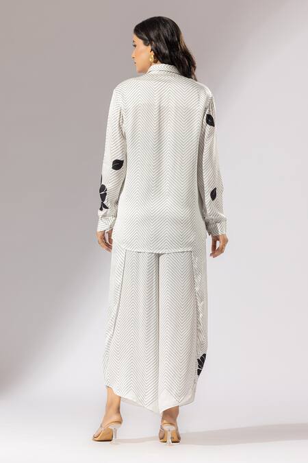 Shop Thee Modern Roots Ivory Silk Satin Collared Sakura Herringbone Bloom Shirt With Pant at Aza Fashions Shop_Thee Modern Roots_Ivory Silk Satin Collared Sakura Herringbone Bloom Shirt With Pant _at_Aza_Fashions