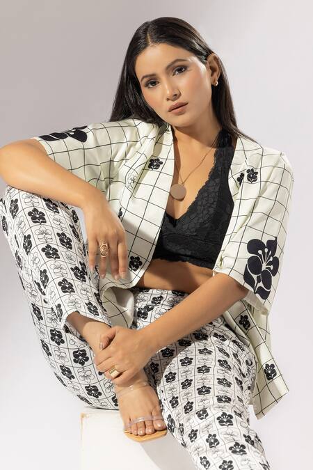 Shop_Thee Modern Roots_Ivory Silk Satin Open Neck Checkered Fleur Print Kimono Jacket _Online_at_Aza_Fashions