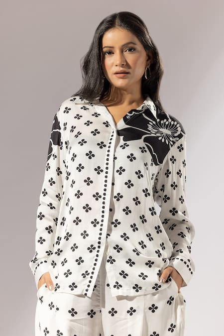 Buy_Thee Modern Roots_Ivory Silk Satin Collared Clover Blossom Print Shirt _Online_at_Aza_Fashions