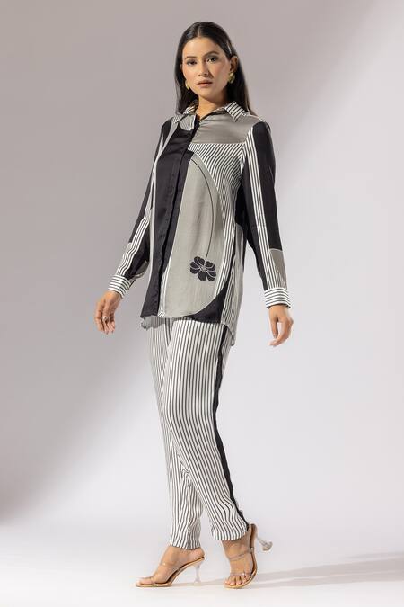 Buy_Thee Modern Roots_Black Silk Satin Collared Striped Florin Print Shirt _Online_at_Aza_Fashions