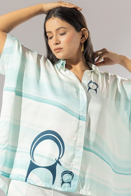 Buy_Thee Modern Roots_Blue Silk Satin Collared Elements Of Nature Print Shirt _Online_at_Aza_Fashions