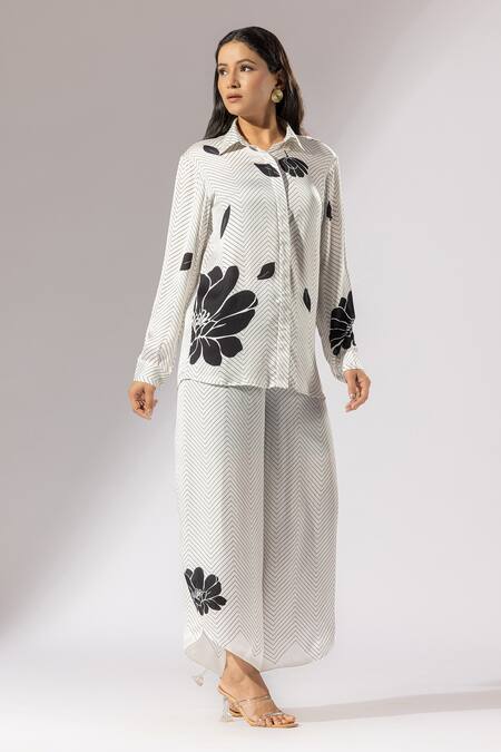 Thee Modern Roots_Ivory Silk Satin Embroidery Collared Sakura Herringbone Bloom Shirt _Online_at_Aza_Fashions