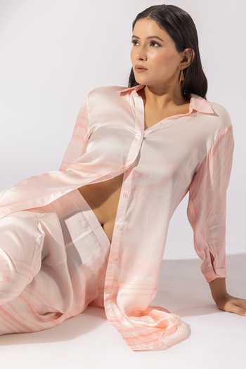 Thee Modern Roots_Pink Silk Satin Collared Marble Swerve Print Kurta With Salwar Pant _at_Aza_Fashions