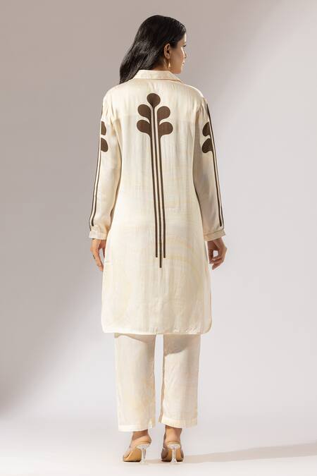 Shop Thee Modern Roots Beige Silk Satin Embroidery Daffodil Marble Swirl High Low Kurta With Pant at Aza Fashions Shop_Thee Modern Roots_Beige Silk Satin Embroidery Daffodil Marble Swirl High Low Kurta With Pant _at_Aza_Fashions