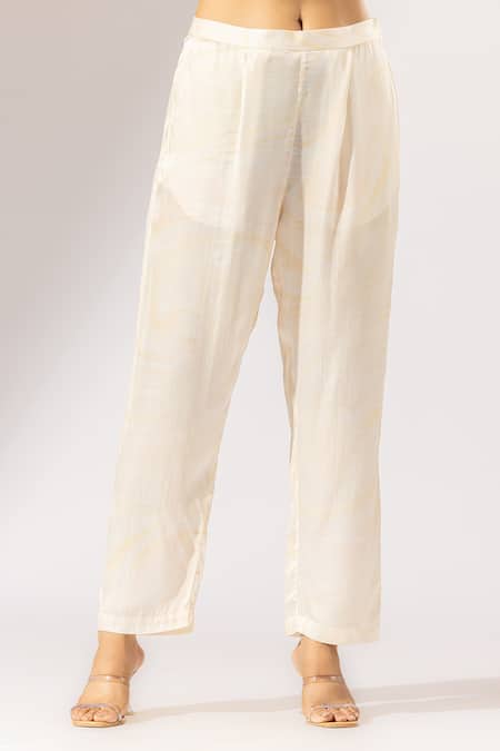 Thee Modern Roots Beige Silk Satin Embroidery Daffodil Marble Swirl High Low Kurta With Pant Online at Aza Fashions Thee Modern Roots_Beige Silk Satin Embroidery Daffodil Marble Swirl High Low Kurta With Pant _Online_at_Aza_Fashions