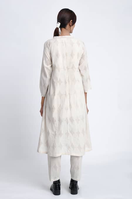 Shop_JAYATI GOENKA_White Cotton Embroidery Button-down Neck, Keyhole Block Printed Robe Pant Set _at_Aza_Fashions