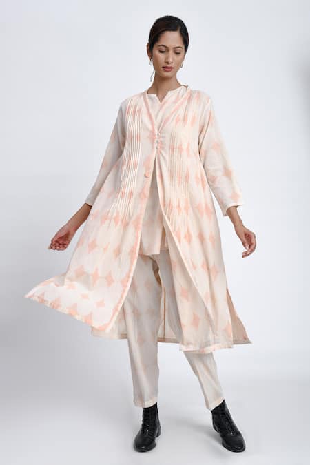 Jayati Goenka White Cotton Block Print Diamond Robe Shawl Collar Pant Set 
